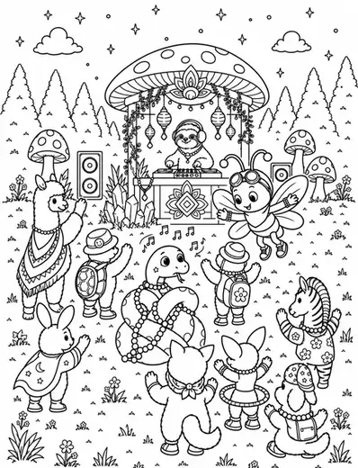 Coloring page: festival creatures dancing in front of a mushroom-canopy DJ booth