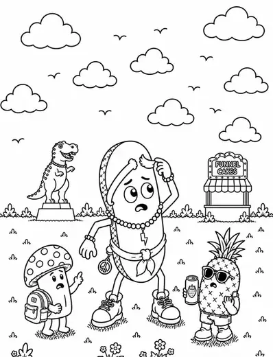 Coloring page: a dejected flip-flop character standing in a field near a T-rex statue and a funnel cake stand